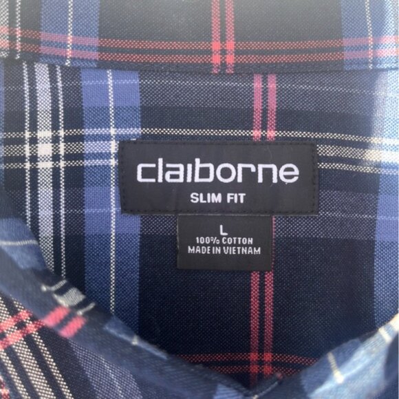 Claiborne Men's Blue and Blue/Red Plaid Slim Fit Dress Shirts Set 2 - Picture 12 of 16